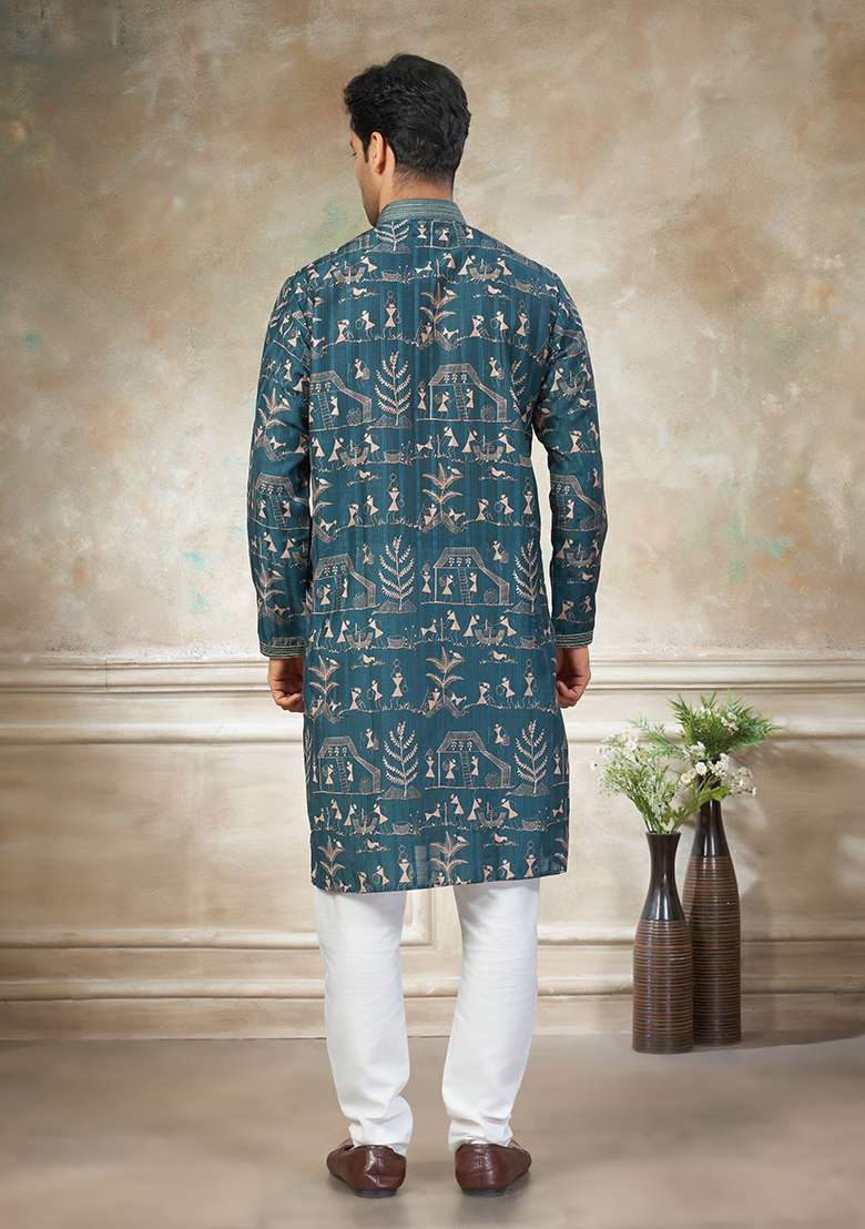 Teal Blue Motif Cotton Kurta Pajama Set - Indya