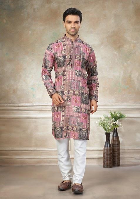 Multi Color Motif Cotton Kurta Pajama Set