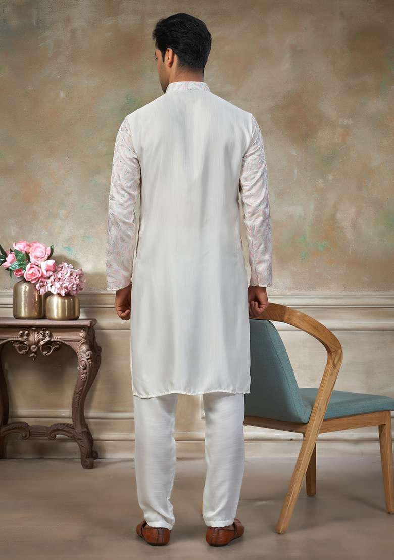 White Motif Cotton Kurta Pajama Set - Indya