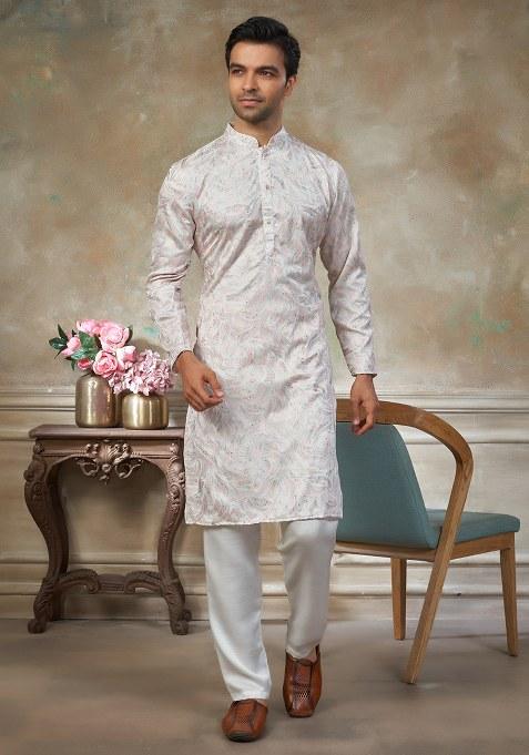White Motif Cotton Kurta Pajama Set