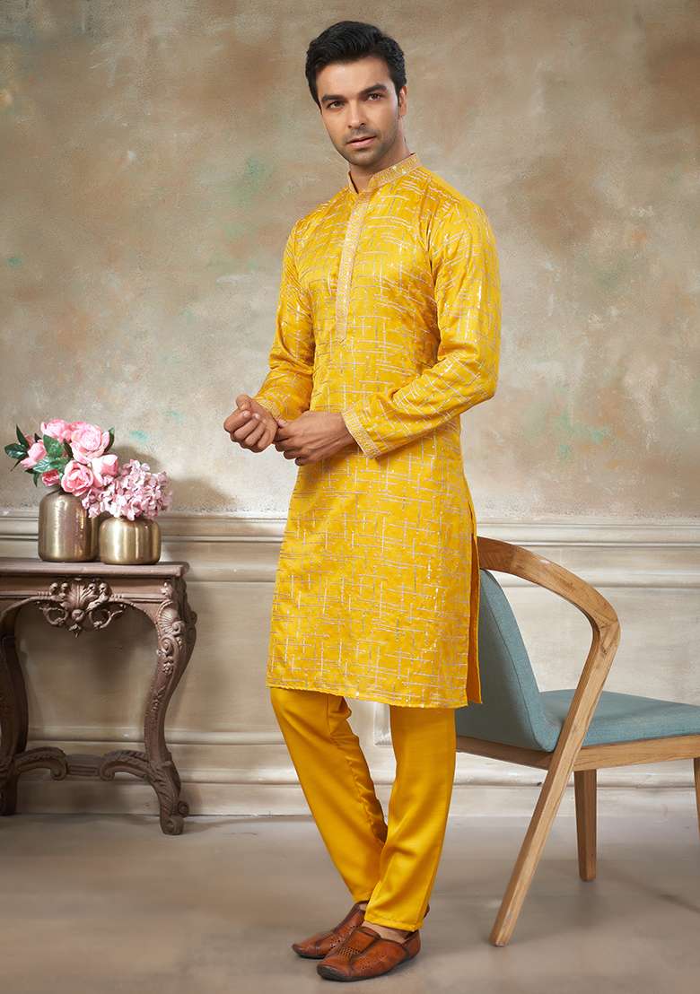 Yellow Motif Cotton Kurta Pajama Set - Indya