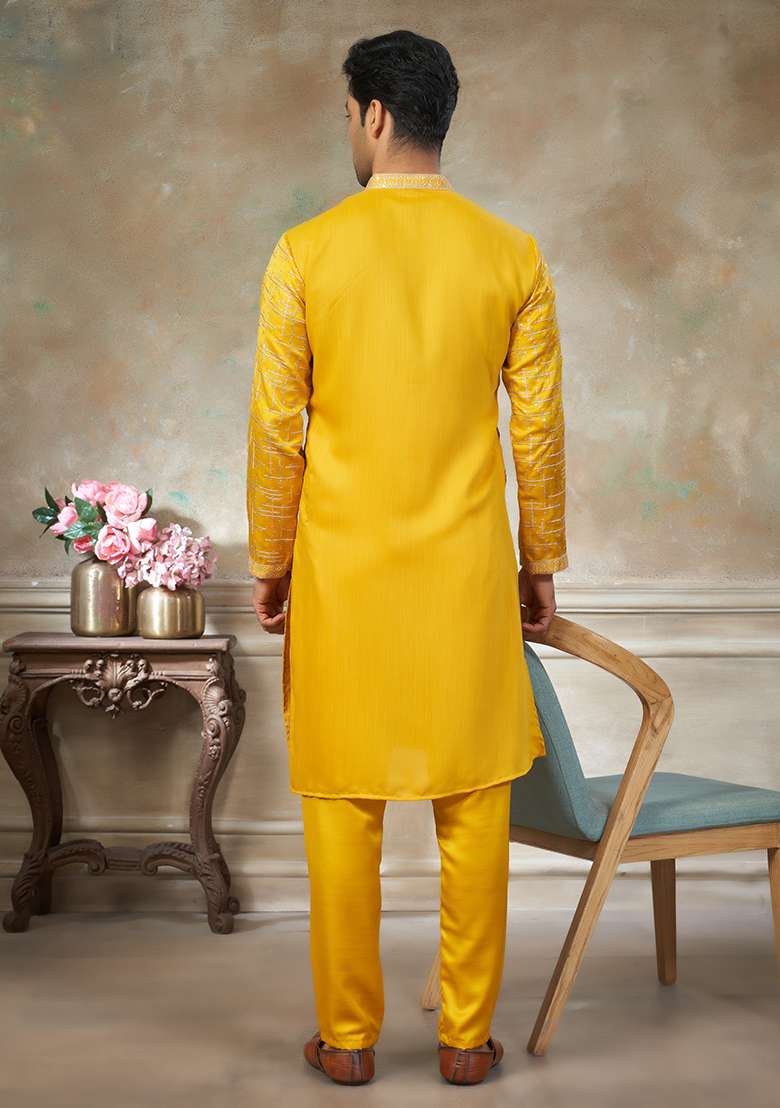 Yellow Motif Cotton Kurta Pajama Set - Indya