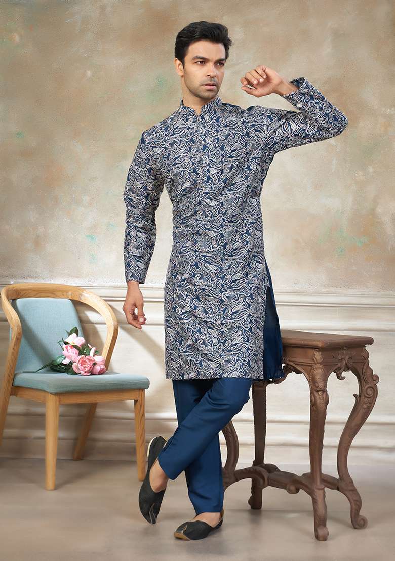 Teal Blue Motif Cotton Kurta Pajama Set - Indya