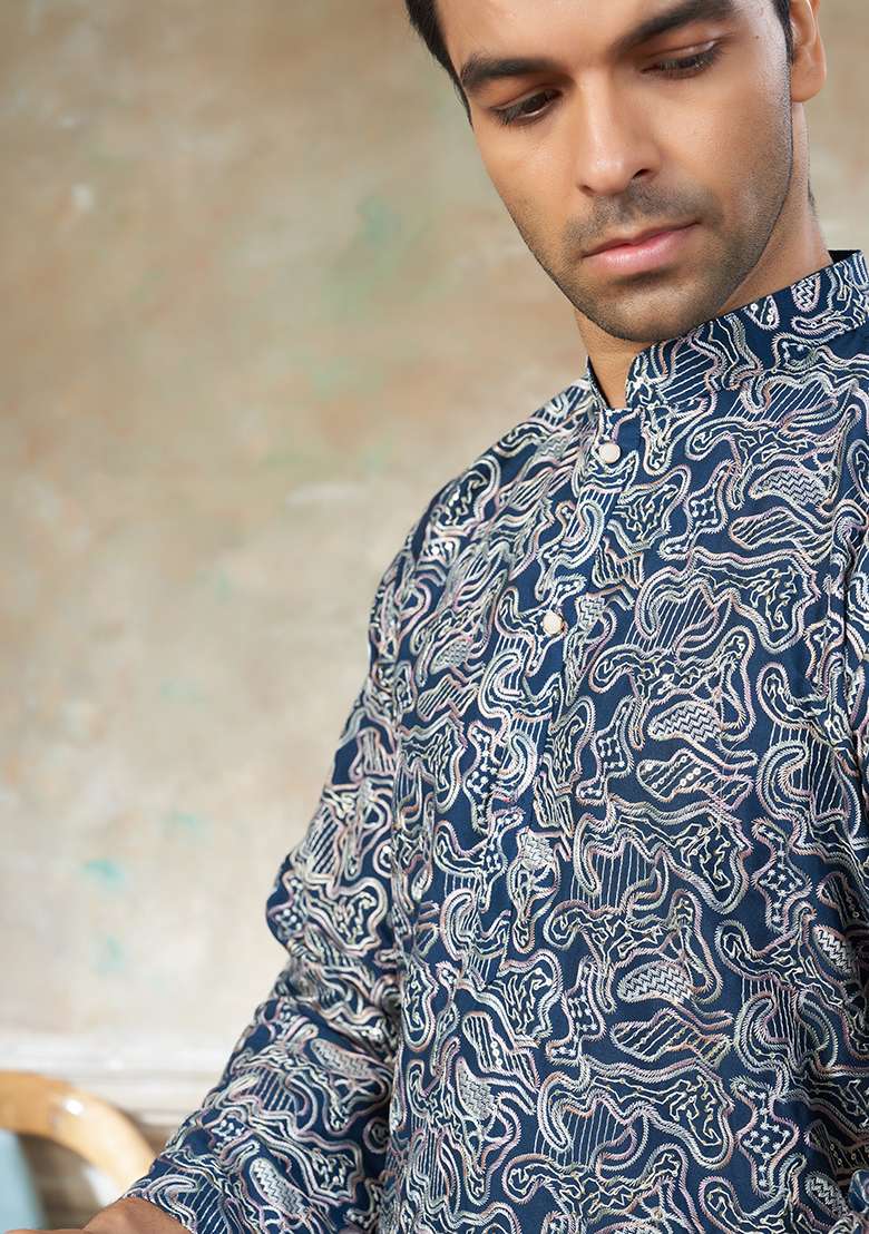 Teal Blue Motif Cotton Kurta Pajama Set - Indya