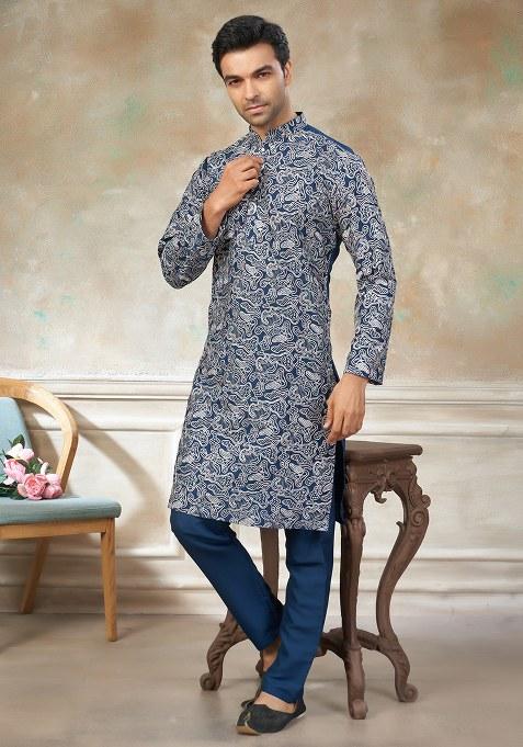 Teal Blue Motif Cotton Kurta Pajama Set