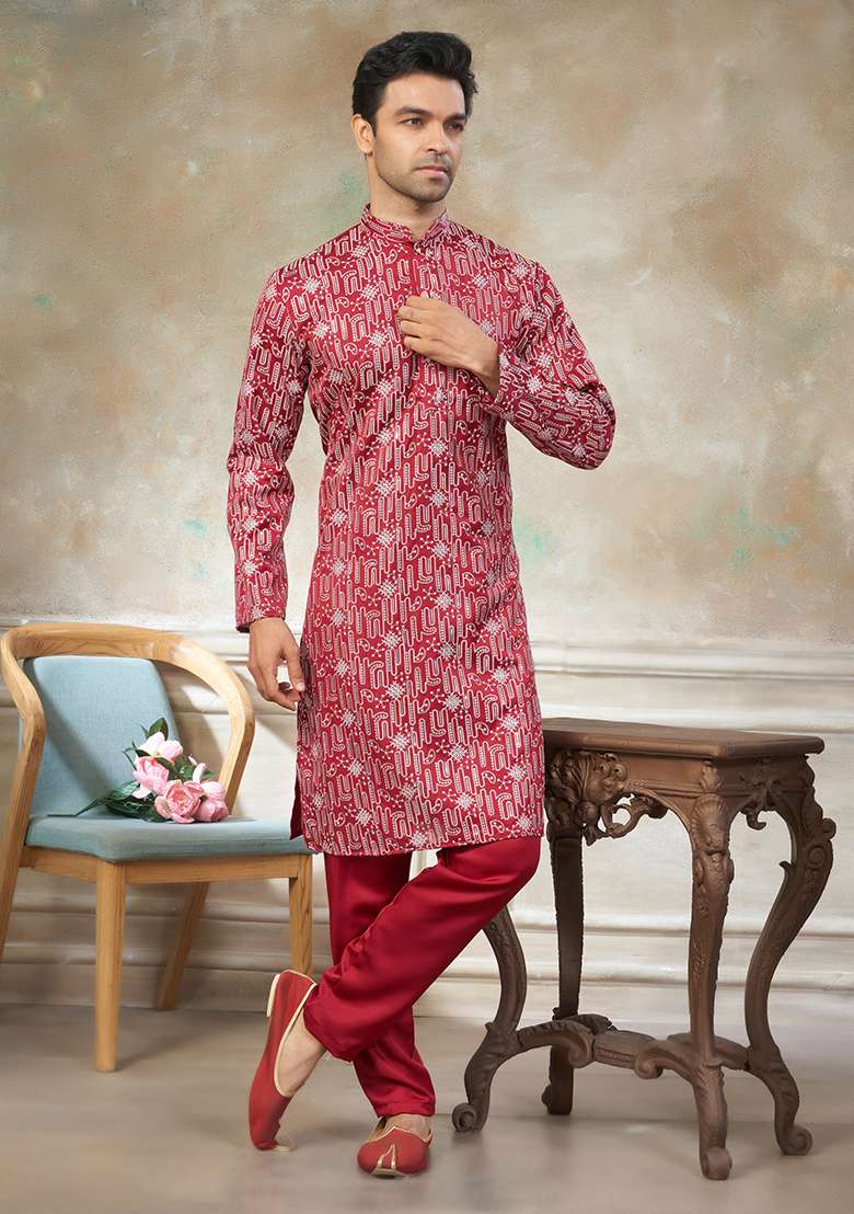 Red Motif Cotton Kurta Pajama Set - Indya