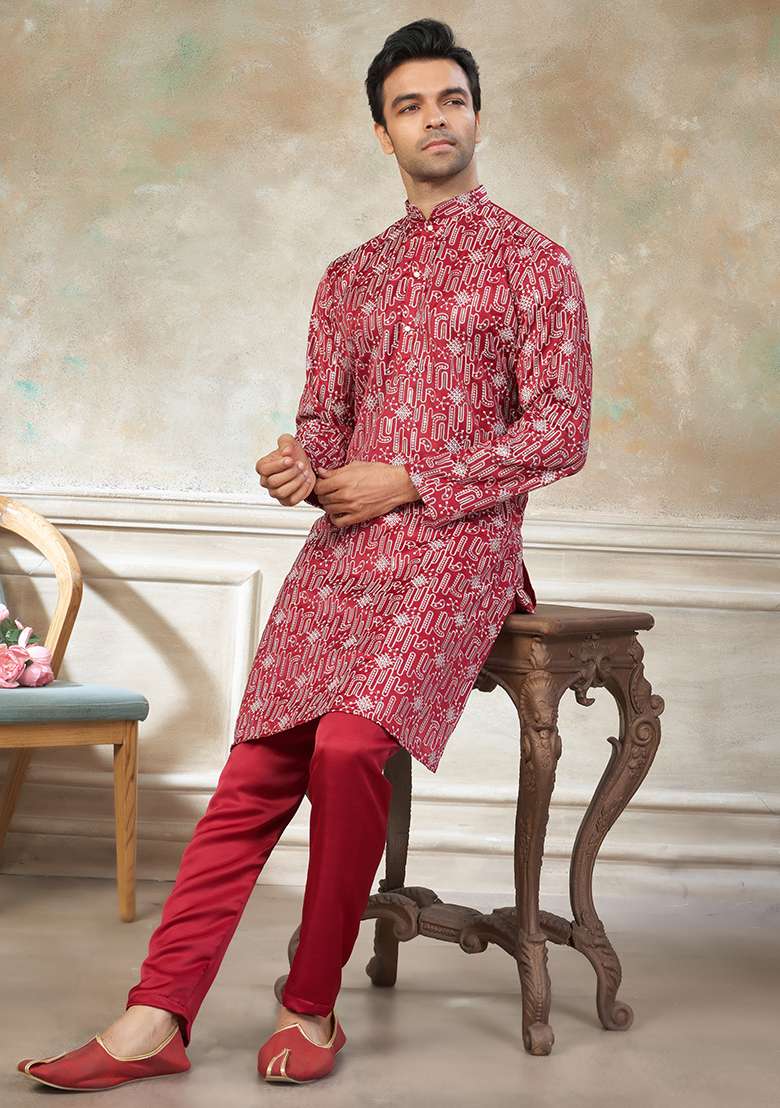 Red Motif Cotton Kurta Pajama Set - Indya