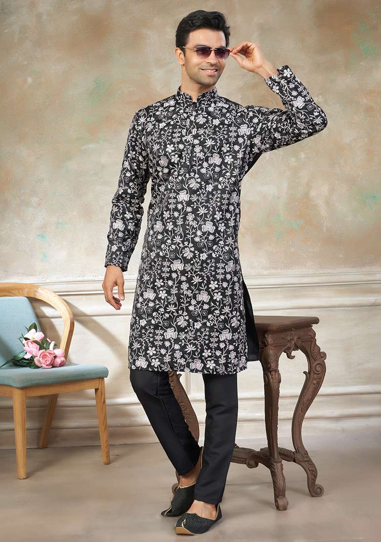 Black Motif Cotton Kurta Pajama Set - Indya