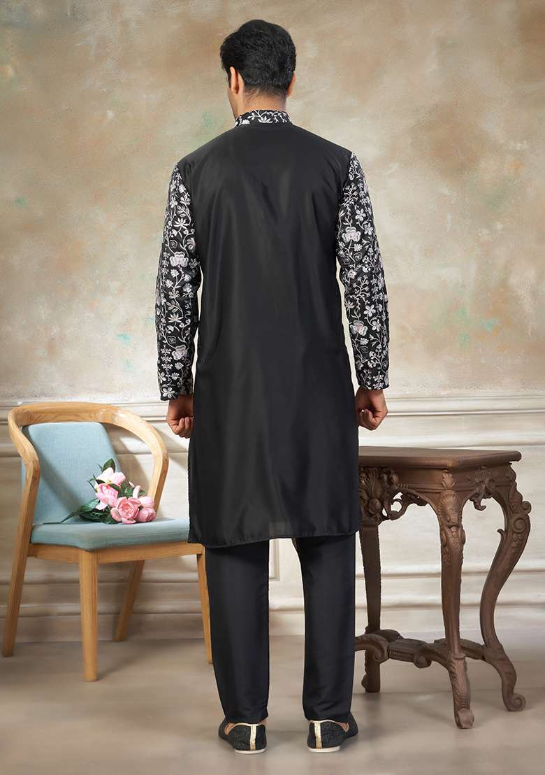 Black Motif Cotton Kurta Pajama Set - Indya