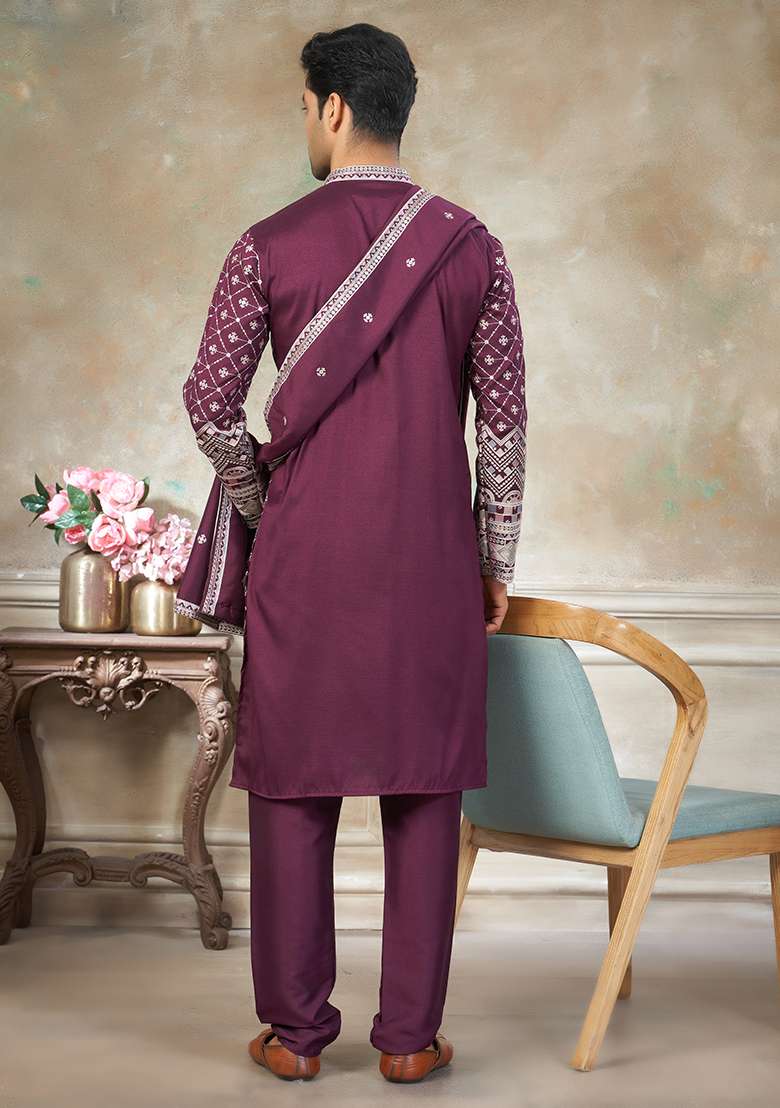 Pink Motif Cotton Kurta Pajama Set - Indya
