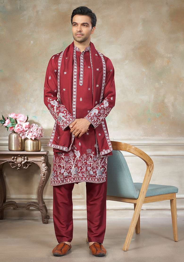Red Motif Cotton Kurta Pajama Set - Indya