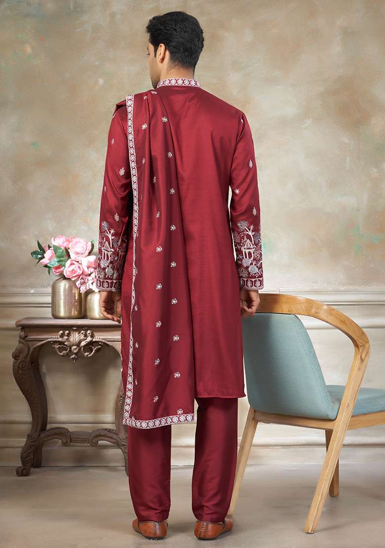 Red Motif Cotton Kurta Pajama Set - Indya