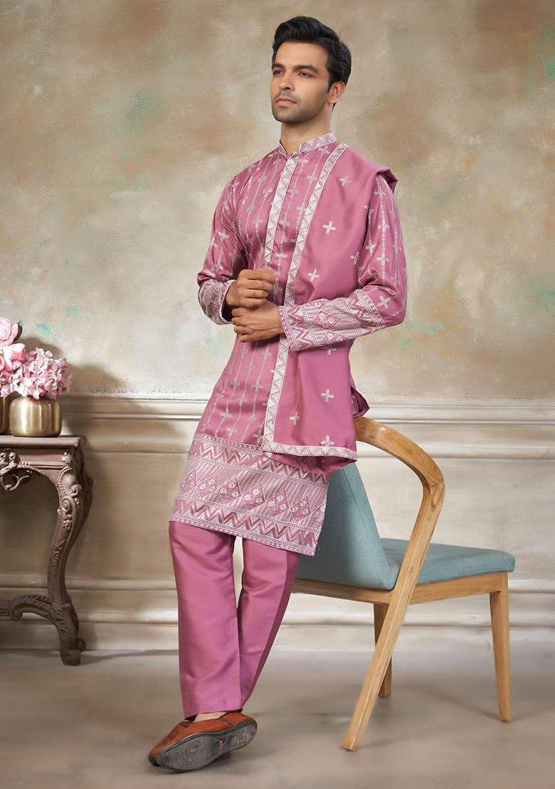 Pink Motif Cotton Kurta Pajama Set - Indya