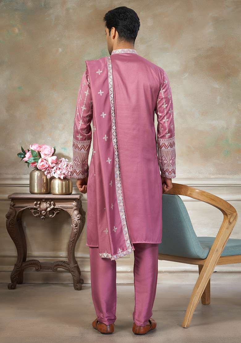 Pink Motif Cotton Kurta Pajama Set - Indya