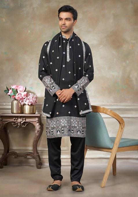 Black Motif Cotton Kurta Pajama Set