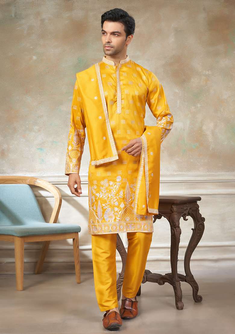 Yellow Motif Cotton Kurta Pajama Set - Indya