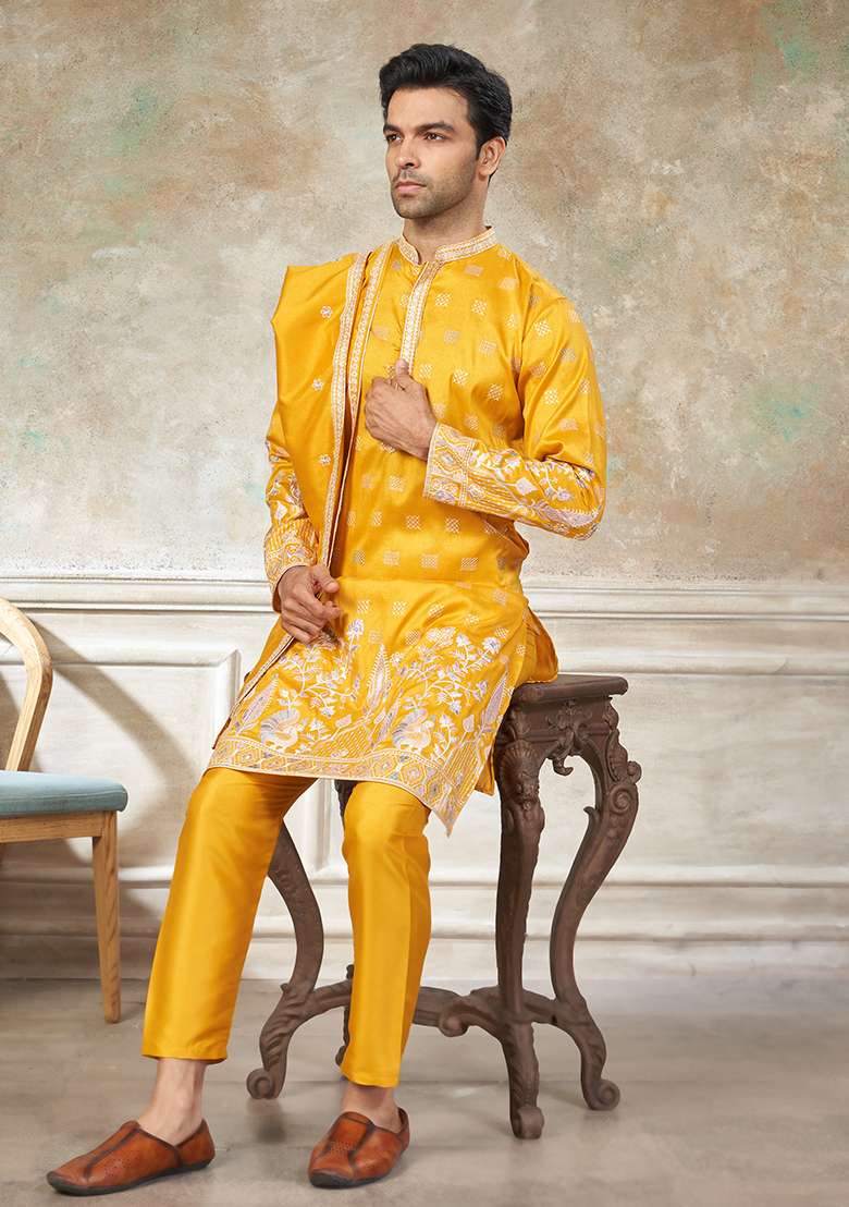 Yellow Motif Cotton Kurta Pajama Set - Indya