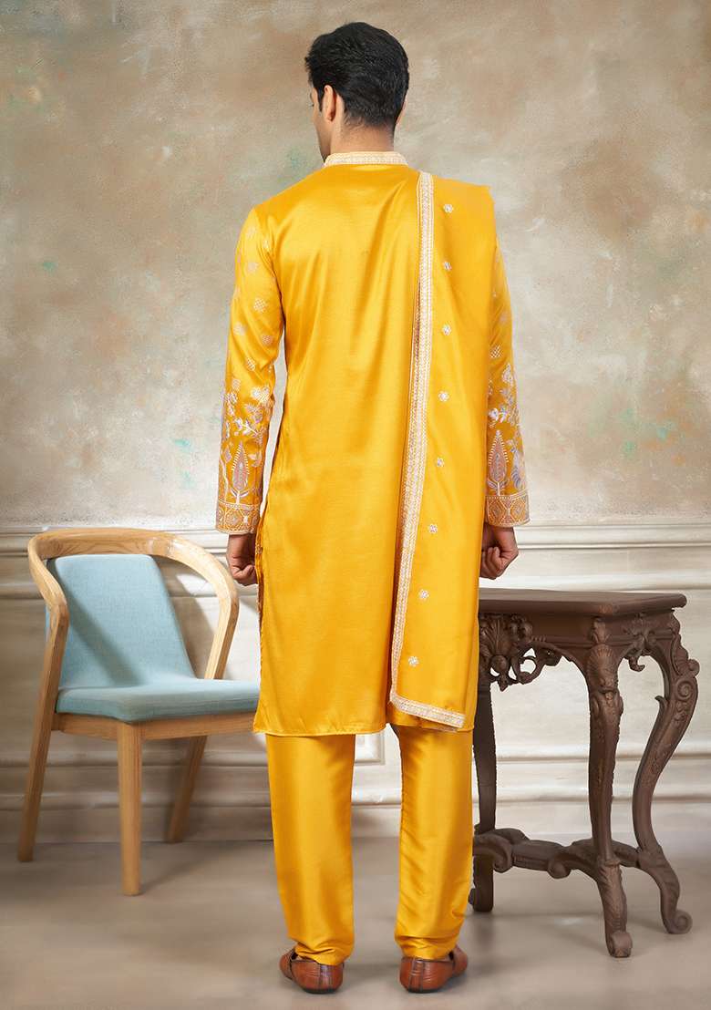 Yellow Motif Cotton Kurta Pajama Set - Indya