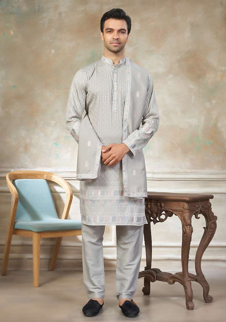 Grey Motif Cotton Kurta Pajama Set - Indya