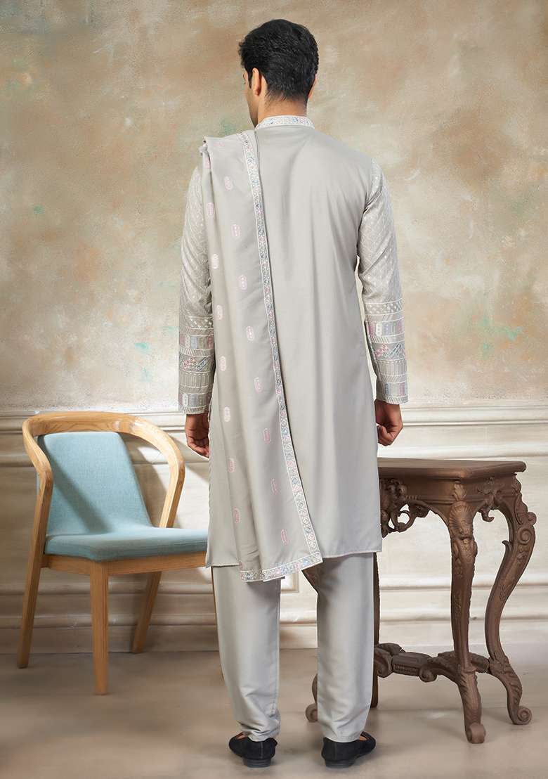 Grey Motif Cotton Kurta Pajama Set - Indya