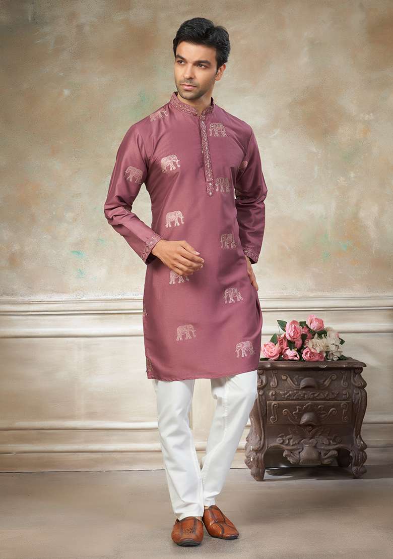 Pink Motif Cotton Kurta Pajama Set - Indya