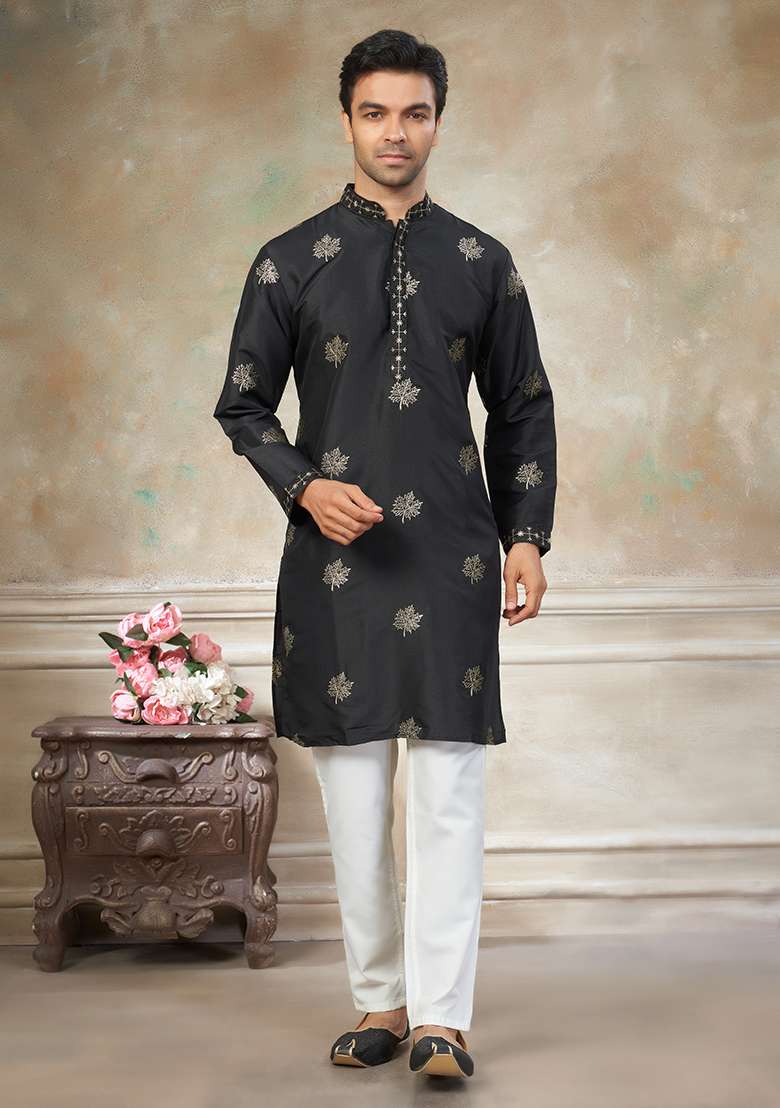 Black Motif Cotton Kurta Pajama Set - Indya