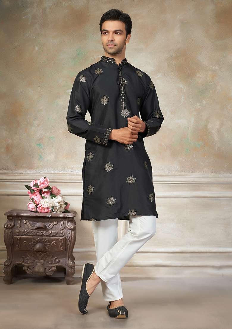 Black Motif Cotton Kurta Pajama Set - Indya