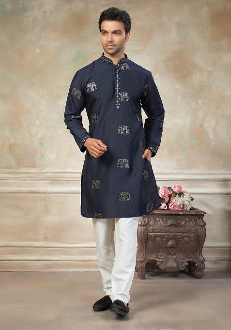 Navy Blue Motif Cotton Kurta Pajama Set