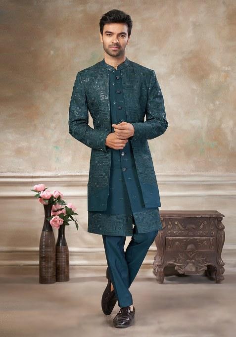 Teal Green Motif Viscose Indo Western Set