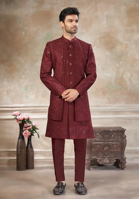 Maroon Motif Viscose Indo Western Set