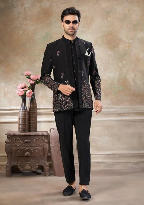 Black Motif Rayon Jodhpuri Suit
