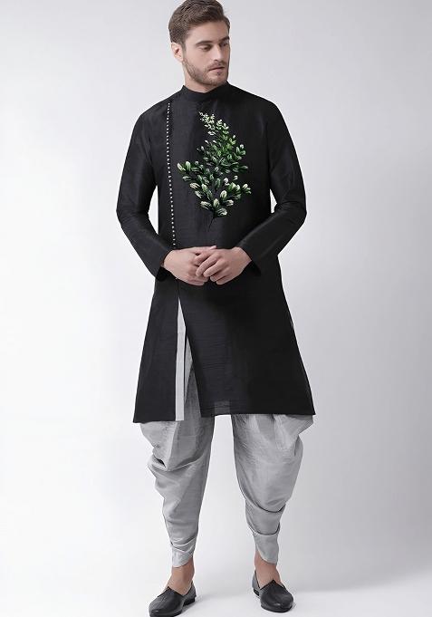 Black Embroidered Silk Kurta Set