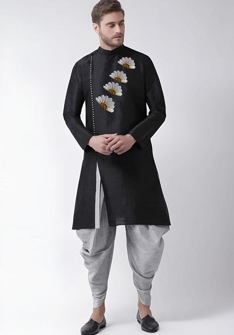 Black Embroidered Silk Kurta Set