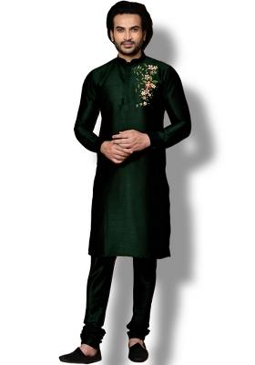 Bottle Green Embroidered Silk Kurta Set