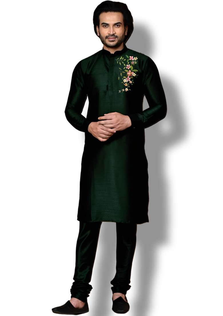 Bottle Green Embroidered Silk Blend Kurta Set - Indya