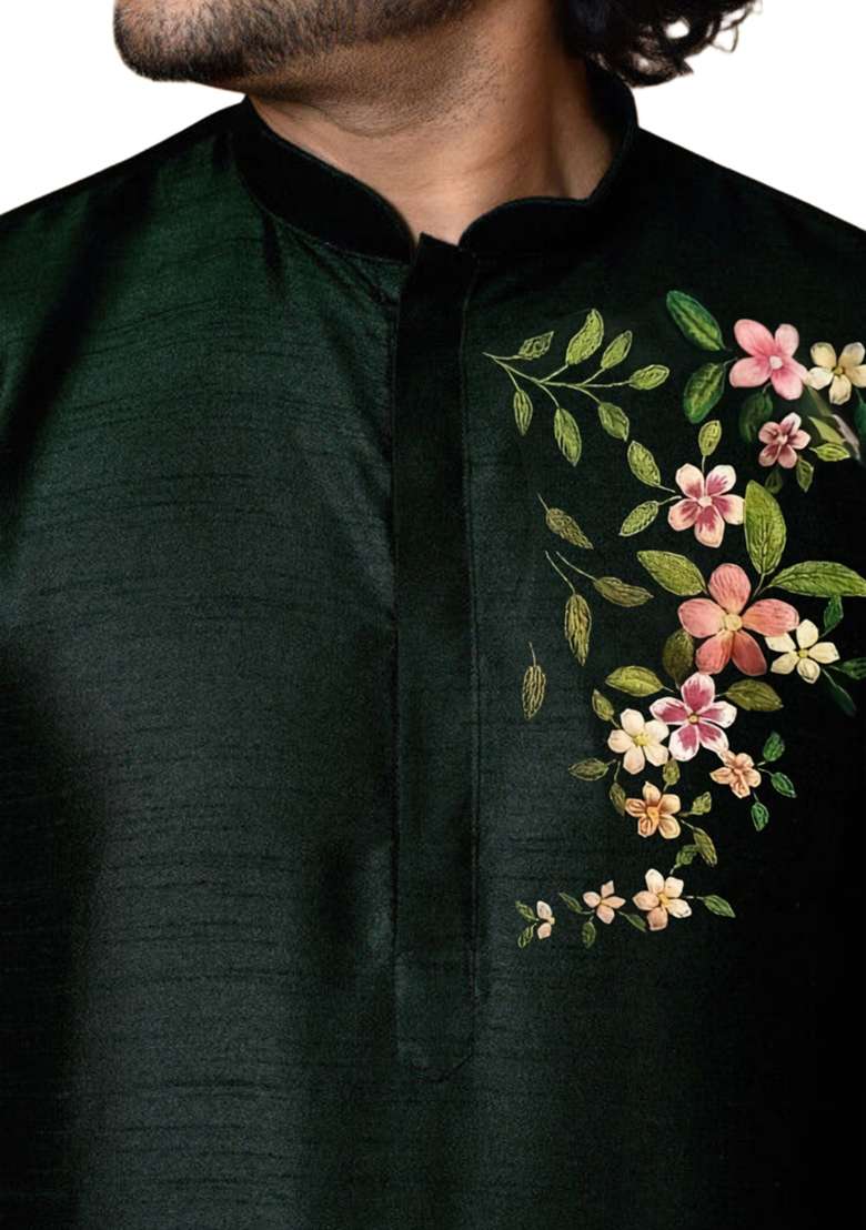 Bottle Green Embroidered Silk Blend Kurta Set - Indya