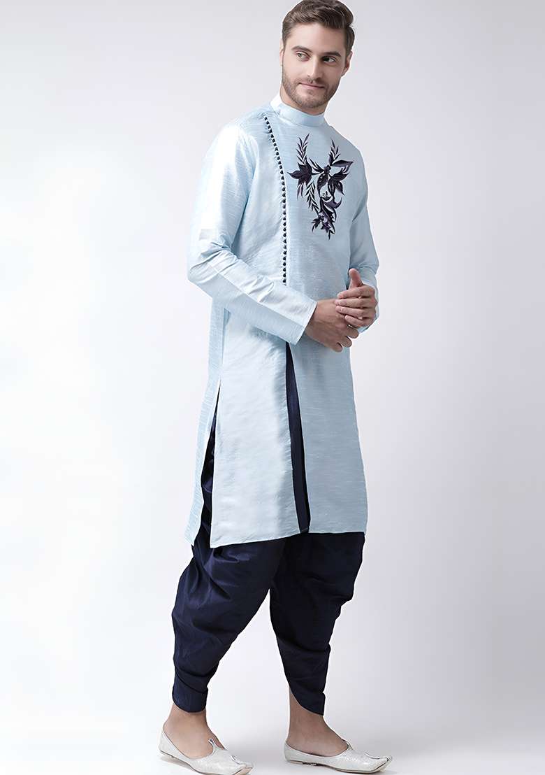 Light Blue Embroidered Silk Blend Kurta Set - Indya