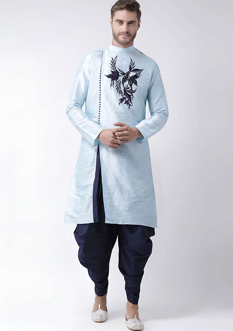 Light Blue Embroidered Silk Blend Kurta Set - Indya