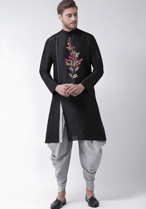 Black Embroidered Silk Kurta Set