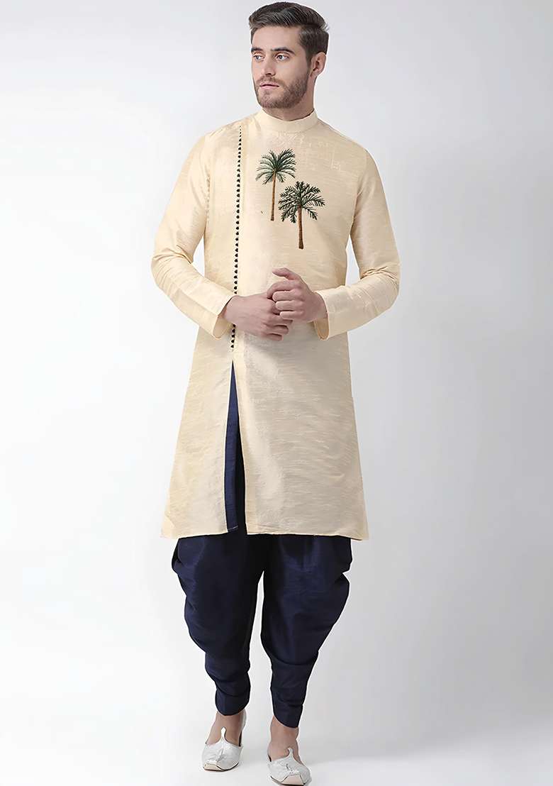 Light Golden Embroidered Silk Blend Kurta Set - Indya