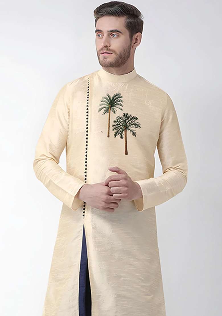 Light Golden Embroidered Silk Blend Kurta Set - Indya