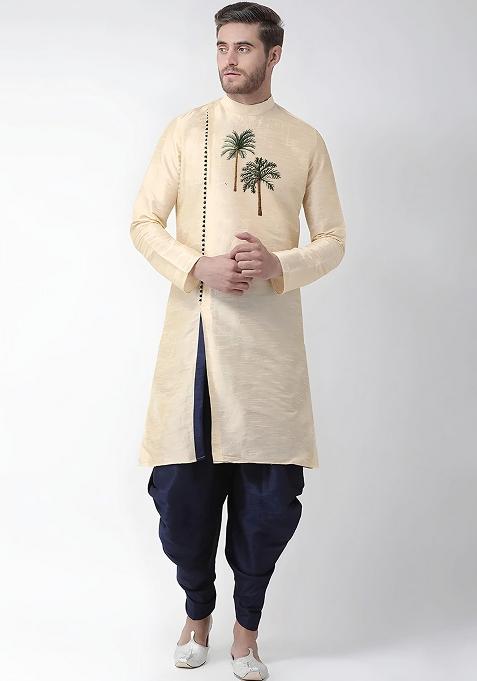 Light Golden Embroidered Silk Kurta Set