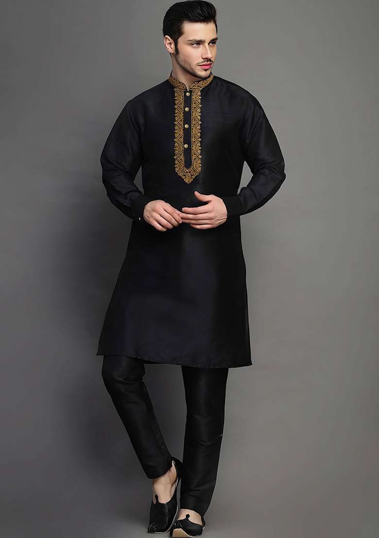 Black Embroidered Silk Blend Kurta Set - Indya