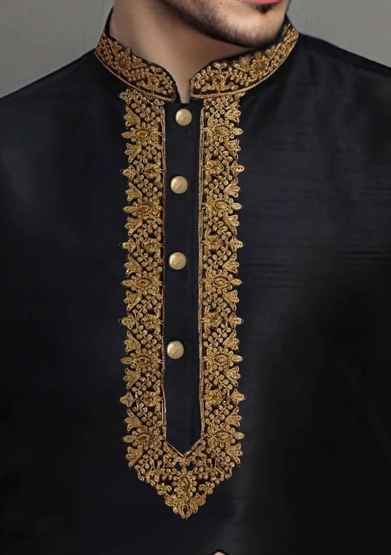 Black Embroidered Silk Blend Kurta Set - Indya