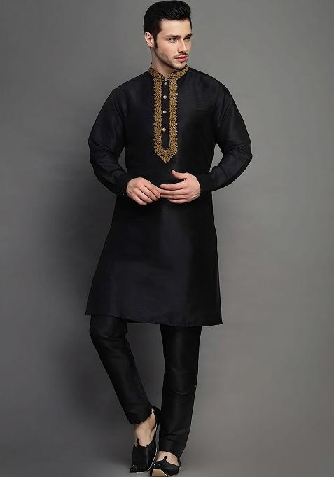 Black Embroidered Silk Kurta Set