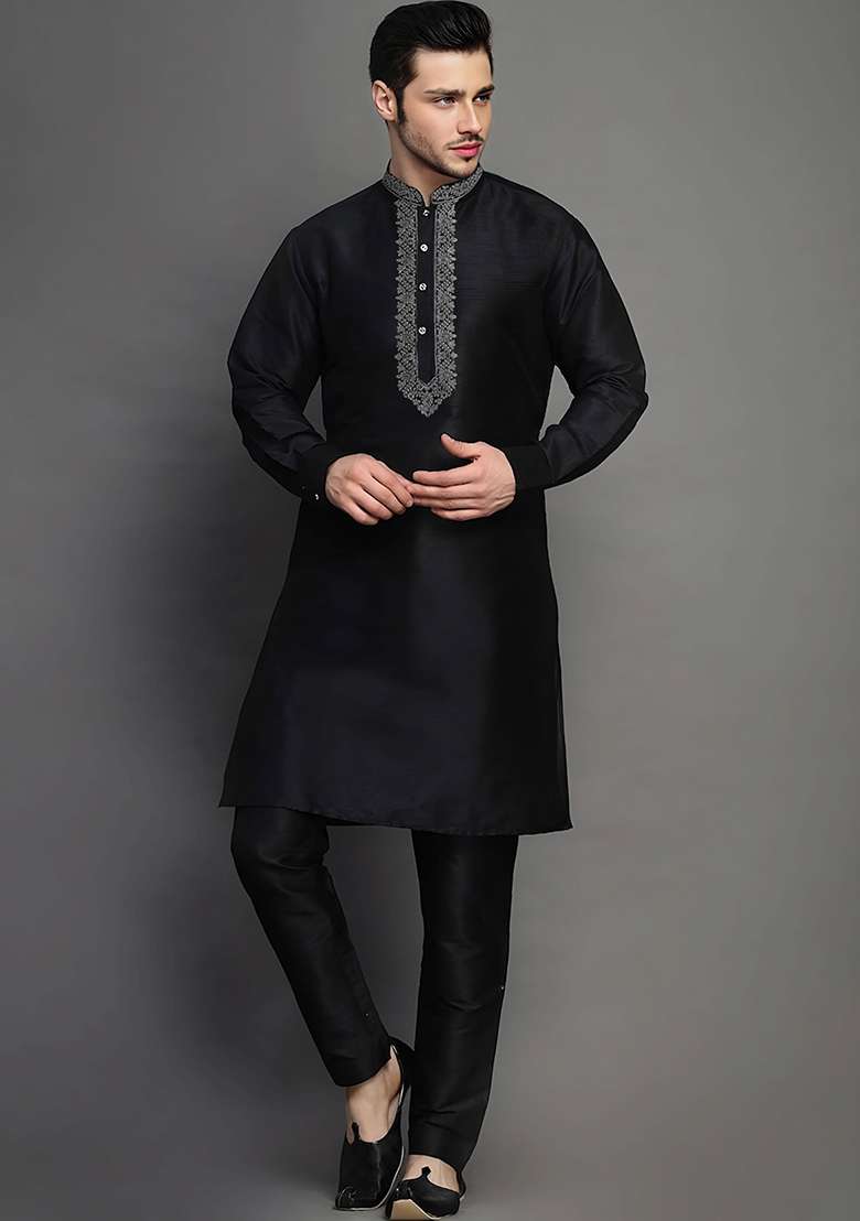 Black Embroidered Silk Blend Kurta Set - Indya