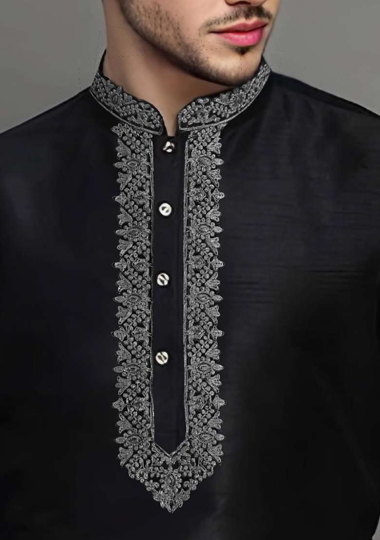 Black Embroidered Silk Blend Kurta Set - Indya
