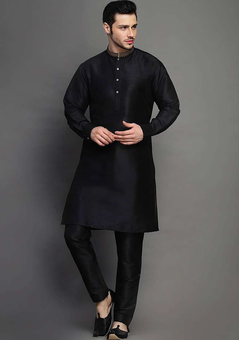 Black Embroidered Silk Blend Kurta Set - Indya