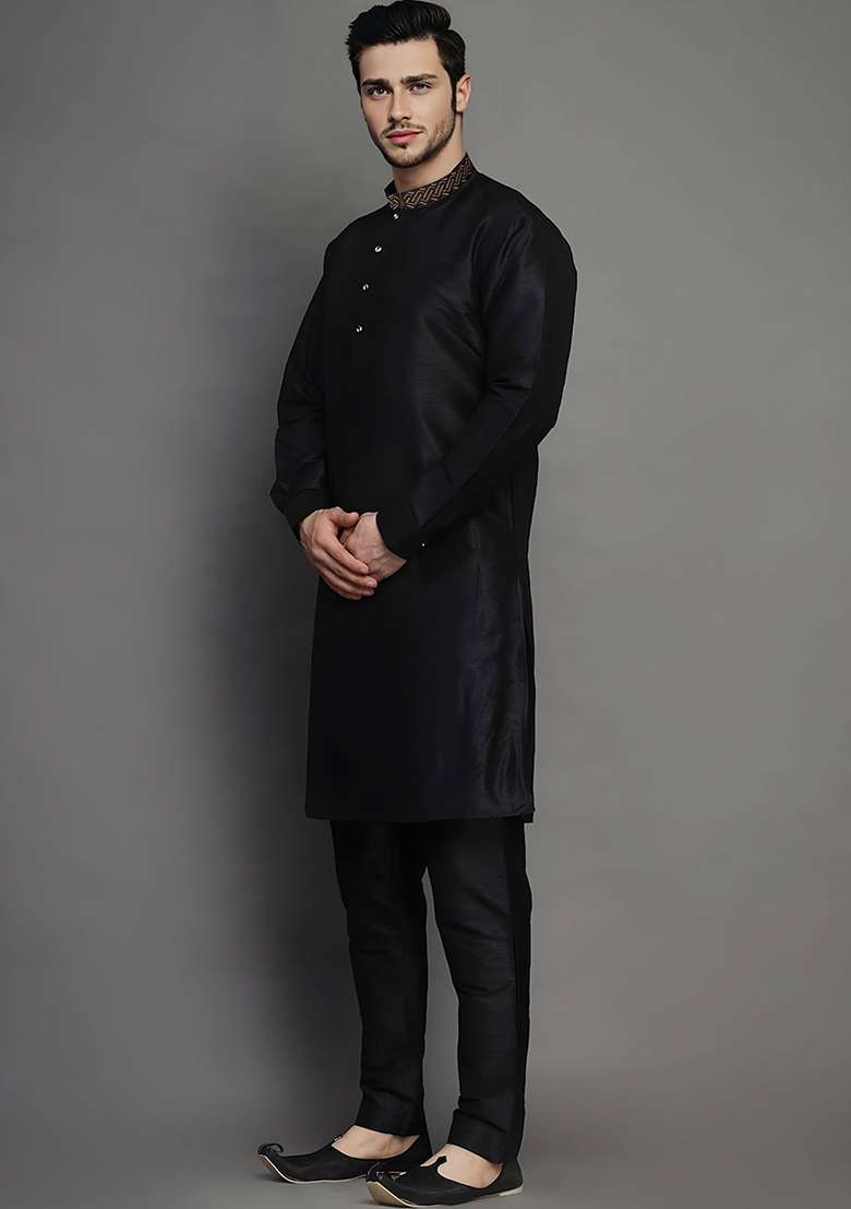 Black Embroidered Silk Blend Kurta Set - Indya
