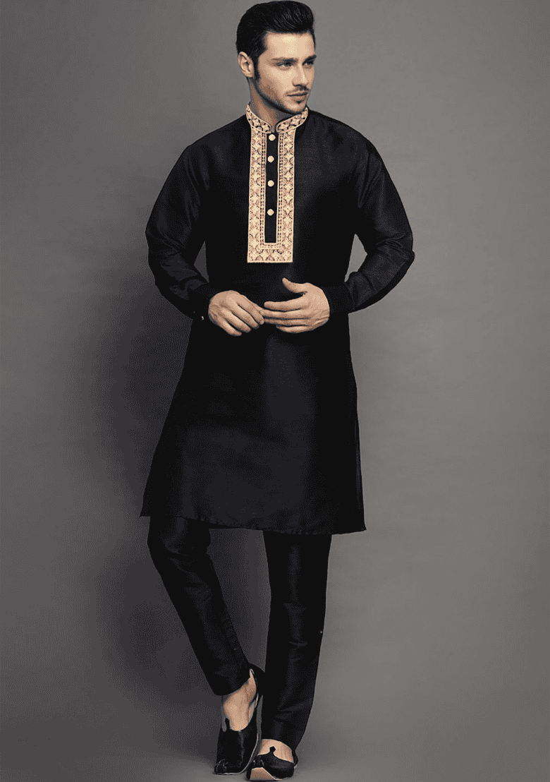 Black Embroidered Silk Blend Kurta Set - Indya